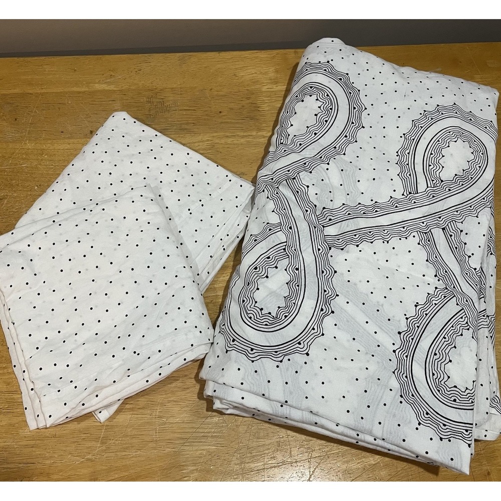Vtg IKEA Queen Duvet Cover Black Mini Polka Dots Waves Loops White 2 Shams 94x82